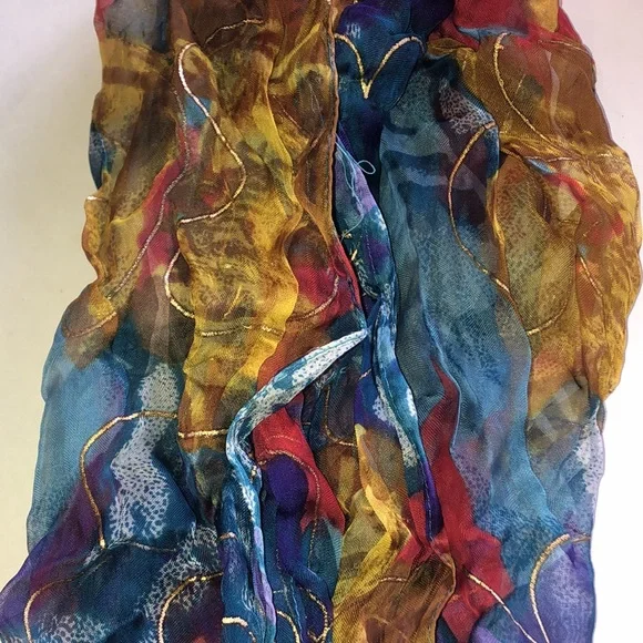 Vintage Multicolor Lightweight Sheer Scarf - Blue, Red & Gold - Picture 7 of 7